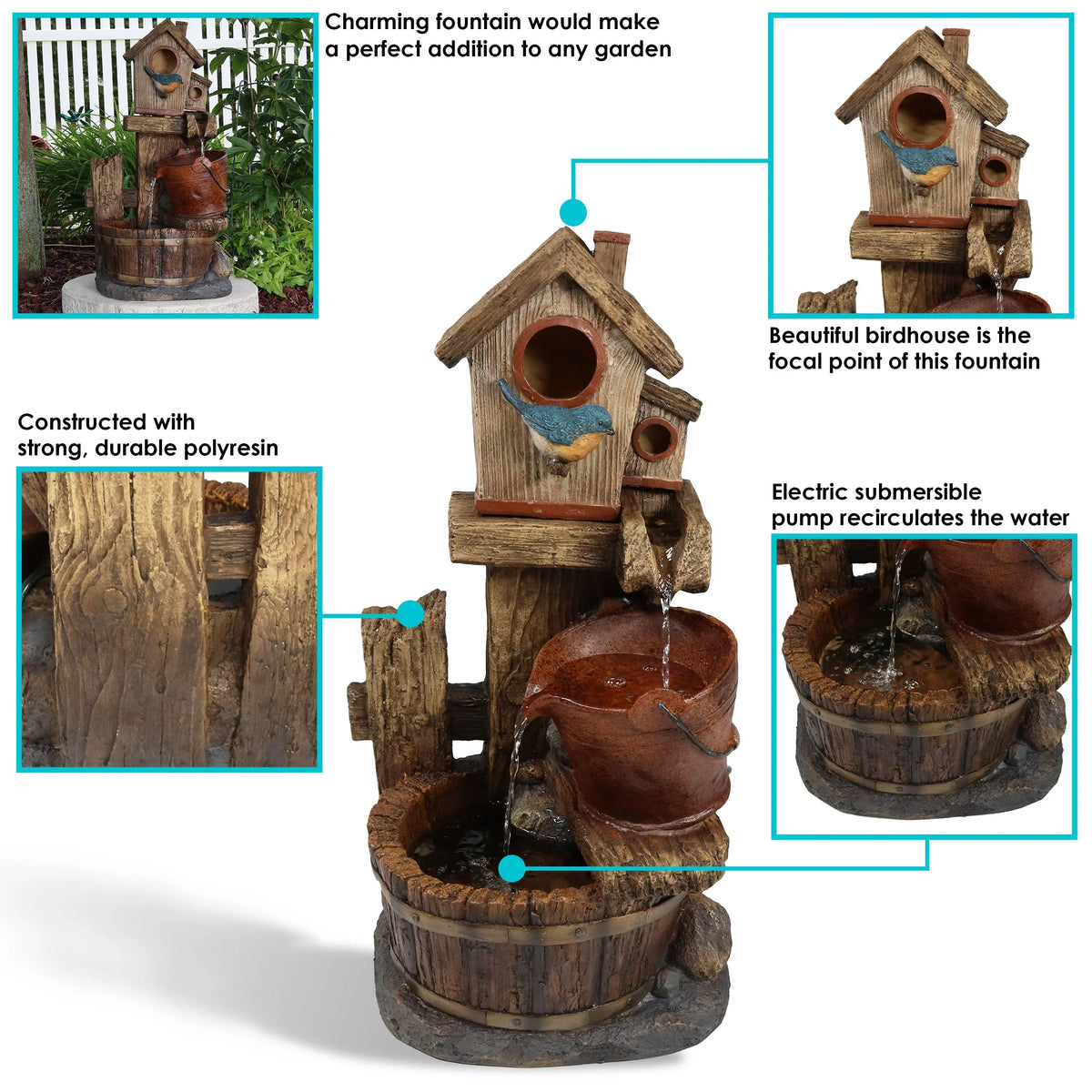 Sizeunnydaze Bluebird House and Buckets Outdoor Fountain - 26"