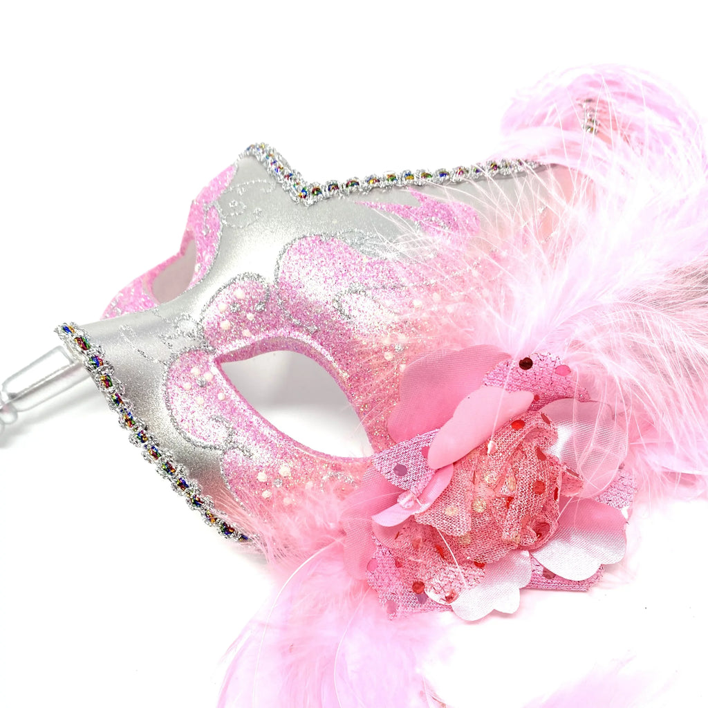 Women Lady Girls Costume Holding Sizetick Venetian Feather mask Masquerade Mask Halloween Mardi Gras Cosplay Wedding Party