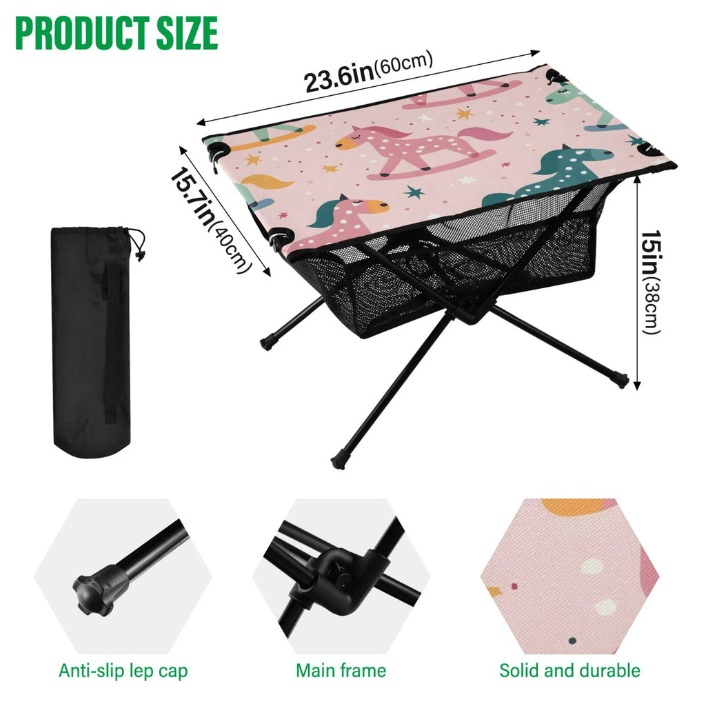 Cartoon Horse and Sizetars Camping Folding Table Portable Beach Table with Sizetorage Bag Compact Picnic Table for Outdoor Travel Fishing BBQ