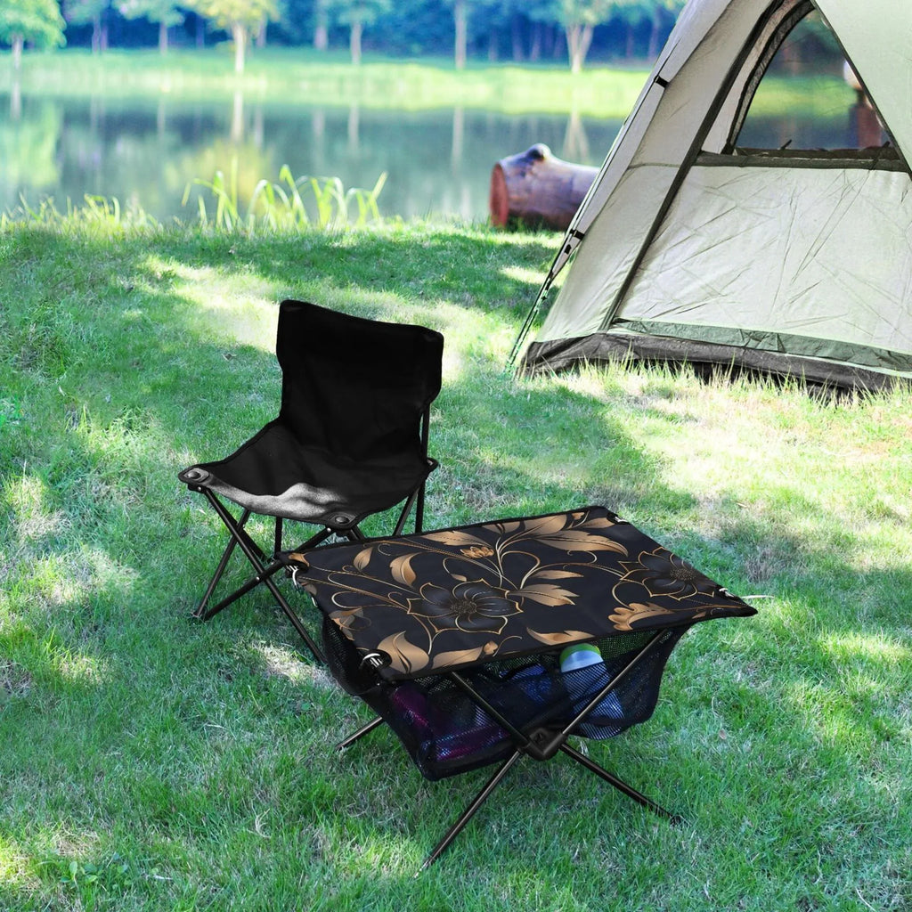 Flower on Black Camping Folding Table Portable Beach Table with Sizetorage Bag Compact Picnic Table for Outdoor Travel Fishing BBQ