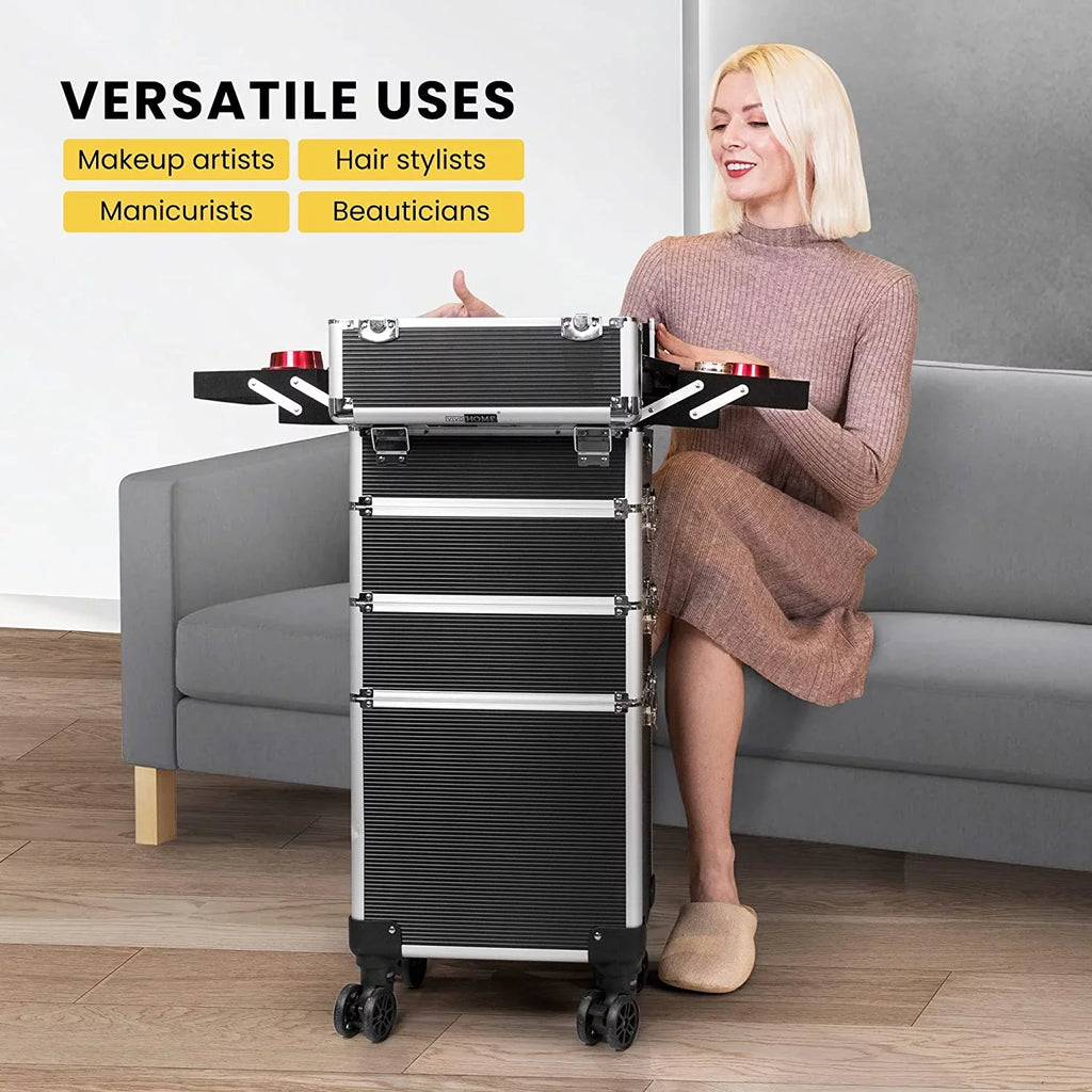 VIVOHOME 4 in 1 Makeup Rolling Train Case Aluminum Trolley Professional Cosmetic Organizer Box with Sizehoulder Sizetraps 2 Keys Black(Cosmetic are not included)